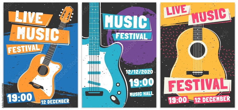 Music festival posters. Live acoustic guitar music concert poster, rock fest flyer and creative brochure template vector set. Rock n roll concert advertising banner concept. Entertainment event promo - obrazy, fototapety, plakaty 