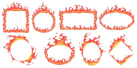 Poster - Cartoon fire frames. Hot banner, red flame frame and fire flames badge template vector set. Empty burning borders with copyspace. Blazing different geometric shapes isolated on white background