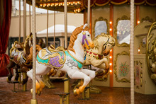 Merry Go Round Carousel With White Horse Closeup