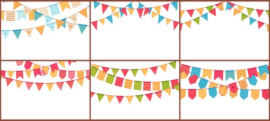 Party bunting. Birthday flags banner, color triangle flag buntings and festival paper garland vector set. Special occasion, holiday event celebration accessories illustrations with text space