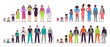 Different ages people characters. Little baby, boy and girl kids, african teenagers, adult man and woman, old seniors. People generations vector illustration set. Male and female development stages
