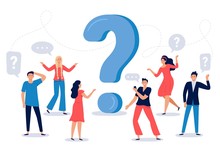 People Ask Question. Confused Person Asking Questions, Crowd Finding Answers And Question Sign Vector Illustration. Collective Brainstorm, Mutual Assistance Concept. Public Problem Solution Platform