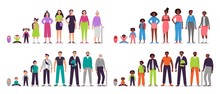 Different Ages People Characters. Little Baby, Boy And Girl Kids, African Teenagers, Adult Man And Woman, Old Seniors. People Generations Vector Illustration Set. Male And Female Development Stages