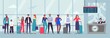 © Tartila - Queue to airport check-in. Travelers waiting in line, people wait for plane and person checking in airline departure area vector illustration. Airline transportation service. People going on vacation