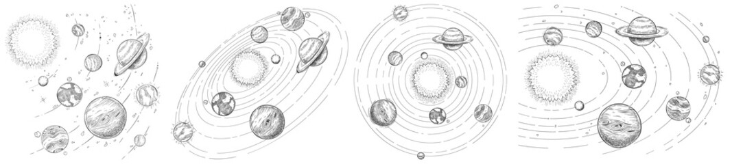 Wall Mural - sketch solar system. hand drawn planets orbits, planetary and earth orbit vector illustration set. a