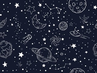 Wall Mural - seamless night sky stars pattern. sketch moon, space planets and hand drawn star vector illustration