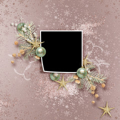 Wall Mural - Winter frame for photo in scrapbook style. Winter album of memories. Beautiful Christmas frame for photos. New Year time. Christmas mood. Snow border on gentle pink background with golden accents