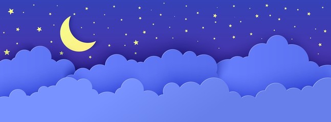 Wall Mural - Night sky in paper cut style. 3d background with dark cloudy landscape with stars and moon papercut art. Cute cardboard origami clouds. Vector card for wish good night sweet dreams.