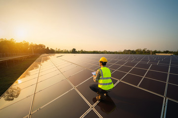 portrait of engineer man or worker, people, with solar panels or solar cells on the roof in farm. po