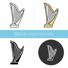 Psalms Of David Bible Story Icon. Golden Harp, Sacred Musical Instrument. Religious Legend. Christian Religion. Biblical Narrative. Glyph, Chalk, Linear And Color Styles. Isolated Vector Illustrations