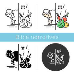 Canvas Print - Cain and Abel Bible story icon. Offering for God. Flock and crop sacrifices. Religious legend. Christian religion. Biblical narrative. Glyph, chalk, linear, color styles. Isolated vector illustrations