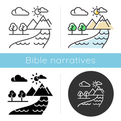 Canvas Print - The Beginning Bible story icon. World creation. Earth, paradise, heaven. Religious legend. Christian religion. Biblical narrative. Glyph, chalk, linear and color styles. Isolated vector illustrations