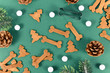 Homemade baked dog treat cookies in shape of bones and christmas tree on festive green background decorated with pine cones and branches