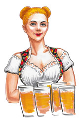 Pretty German waitress with a beer mugs. Ink and watercolor illustration