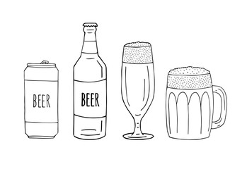 Poster - Vector set bundle of hand drawn doodle sketch beer cans and bottles isolated on white background