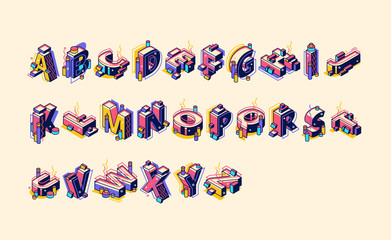 Fototapete - Isometric alphabet in colorful memphis style, hipster abc uppercase letters, typography standing and lying in row on beige background. Funky elements, signs, symbols. 3d Vector illustration, line art