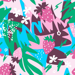 Cutout flowers, berries, leaves with geometrical shape and doodles. Abstract flat botanical seamless pattern. Collage made of floral paper cut shapes. For textile, fabric, wallpaper, wrapper.