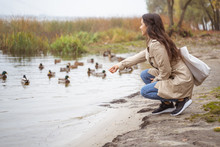 Positive Delighted Young Woman Feeding Ducks During Walk