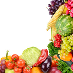 Frame of set vegetables and fruits on white background. Free space for text.