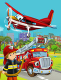 Fototapeta Londyn - cartoon scene with fireman vehicle on the road - illustration for children