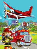 Fototapeta Londyn - cartoon scene with fireman vehicle on the road - illustration for children