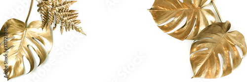 Fotomural Gold leaves plant tropical palm, monstera pattern frame isolated on a white background