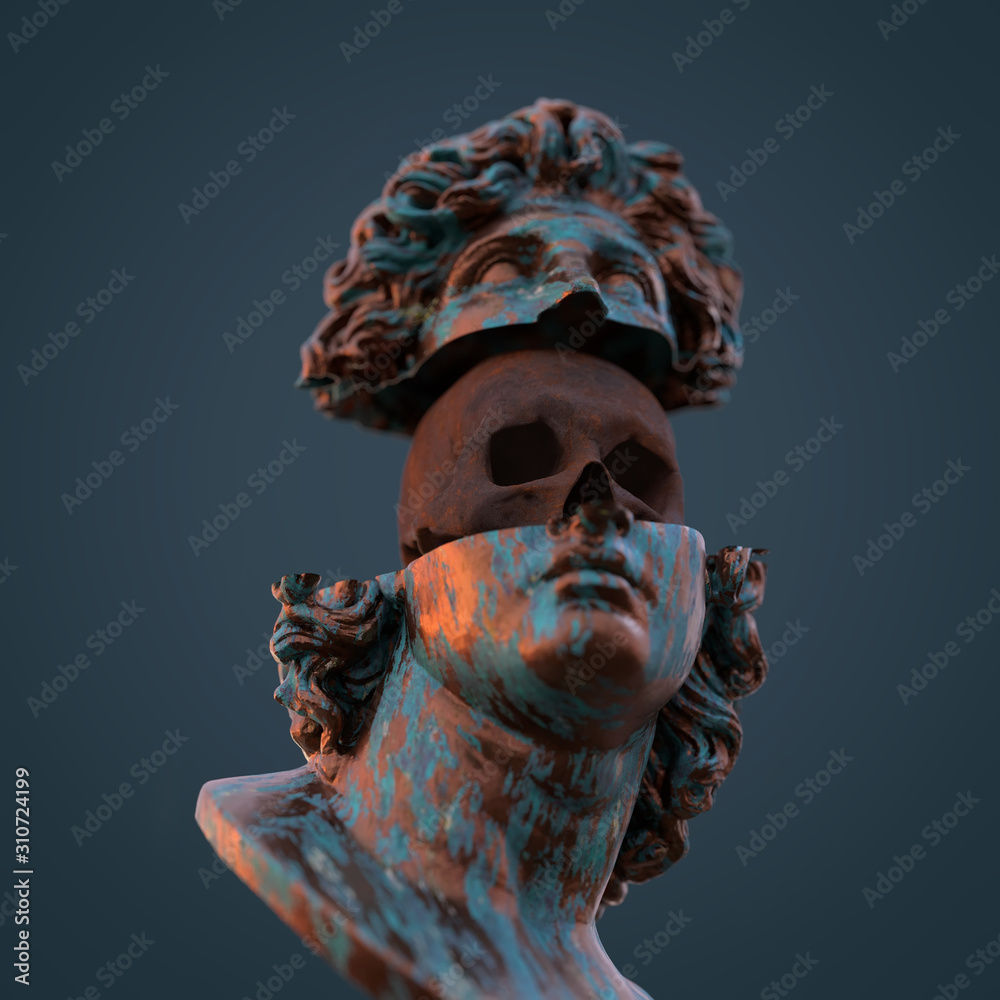 antique statue with a skull inside - obrazy, fototapety, plakaty 