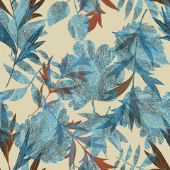 Floral botanical background. Seamless pattern made of autumn leaves, twigs and branches. Leaf illustration with collage graphic ornate knitting net texture. Textile and fabric design.