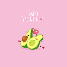 Valentine Day Vector Concept Illustration With Cute Avocados Isolated On Pink Background.