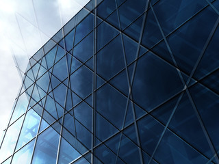 Poster - Collage photo of structural glazing. Realistic though unreal modern architecture fragment featuring glass facade wall panels. Abstract urban background with transparent grid pattern.