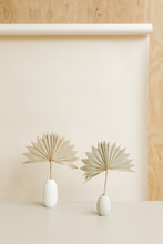 Still Life Of Dried Palm Leaf In Vase In Front Of Light Tan Background