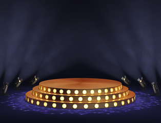 Wall Mural - theater stage with golden decorative podium, volume light and smoke.