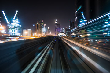 Tran running on rails in a night city., blurred motion with light.