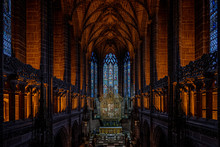 LIVERPOOL, ENGLAND, DECEMBER 27, 2018: The Lady Chapel In Liverpool Anglican Cathedral. Perspective View Of A Magnificent Part Inside The Church, Where Light Meets Darkness All Along Place.