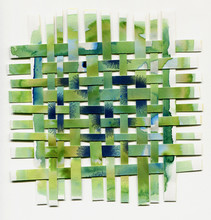 Watercolor Woven Paper Collage Green Scales And Gold On White Backdrop