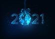 Happy New Year digital web banner with futuristic 2021 number and Earth globe hanging on ribbon bow