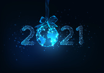 Wall Mural - Happy New Year digital web banner with futuristic 2021 number and Earth globe hanging on ribbon bow