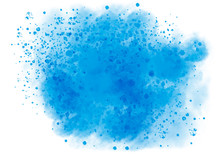 Big Blue Splash With Scattered Splashes Isolated On White Background. Website Web Background, Template Design Or Backdrop. Computer Generated Abstract Illustration With Copy Space.
