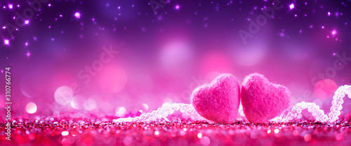 Fotomural Two Soft Pink Hearts With Lace On Purple Glitter Background With Sparkles - Vale