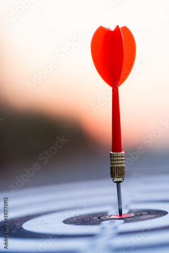 Fotografía Close up red dart arrow hitting target center dartboard on sunset background