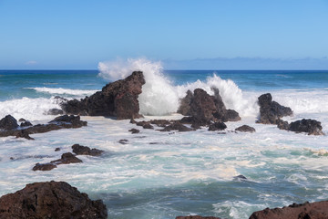 Wall Mural - Waves crashing into lava rocks on Maui's North Shore at Ho'okipa Lookout