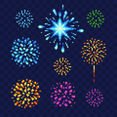 Poster - Festive firework bursting in various shapes pixel art icons set. Design of a congratulatory holiday card. Isolated vector illustration.