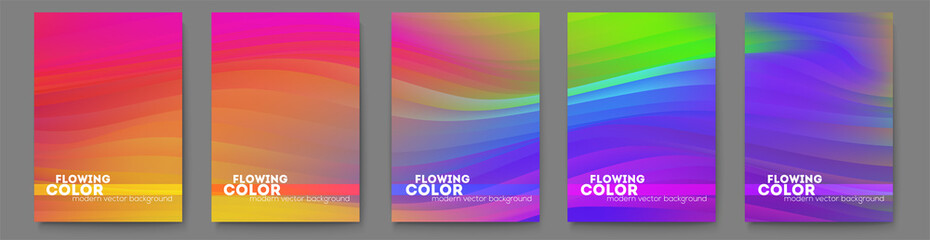 Wall Mural - Set of posters with bright abstract flowing pattern. Minimalistic background with modern colorful gradient lines. Template for dynamic design of cover, posters, flyer. Vector illustration EPS10