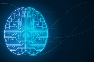 Poster - Human brain with microcircuit creative illustration on dark background. Artificial Intelligence and Machine Learning Concept. 3D Rendering