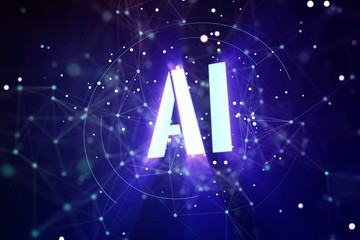 Poster - Symbol of Artificial Intelligence technology on abstract blue background, machine learning concept. 3D Rendering