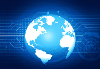 Poster - Digital world technology concept. Globe on circuit background. 3d illustration.