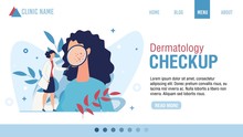 Landing Page Advertising Dermatology Checkup. Woman Dermatologist With Magnifying Glass Examining Patient. Face Skin Rash Problem. Health Skincare. Online Consultation. Cartoon Vector Illustration
