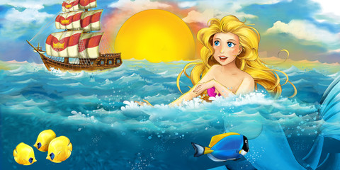 Cartoon ocean and the mermaid in underwater kingdom swimming with fishes - illustration for children