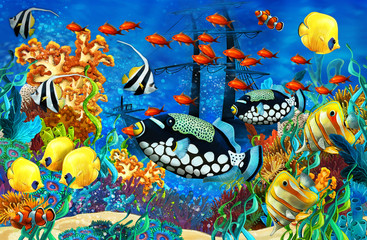 cartoon scene animals swimming on colorful and bright coral reef - illustration for children