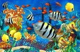 Fototapeta Do akwarium - cartoon scene animals swimming on colorful and bright coral reef - illustration for children